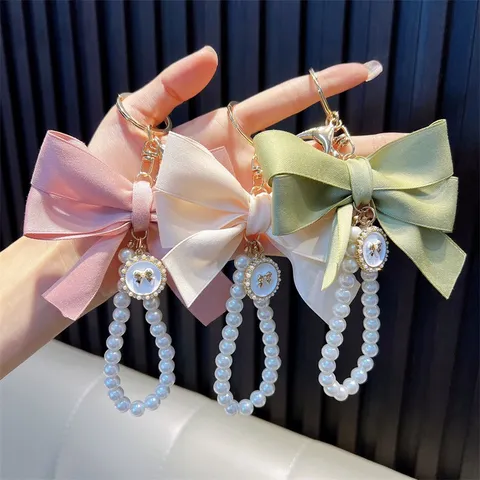Handmade Beaded Artificial Pearl Bow Keychain For Women Cute Satin Ribbon Bag Pendant Gold Alloy Rhinestone Key Ring Gift Accessories