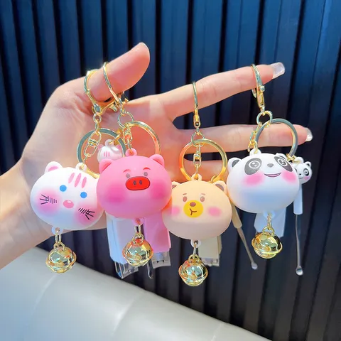 Cute Cartoon Animal Head Keychain Portable Multi-Functional Nail Clipper Ear Spoon Accessory Bag Charm Pendant Gift For Students