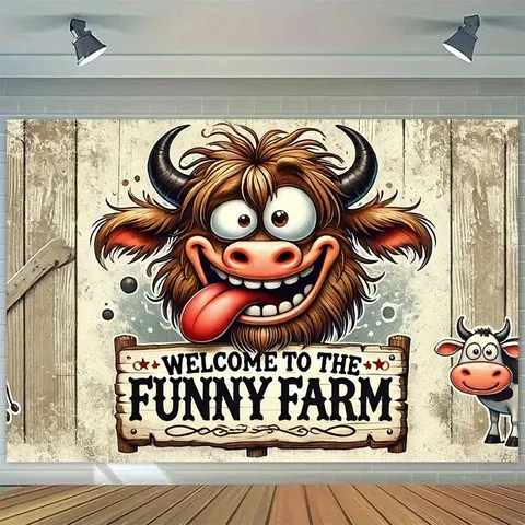 Fondo Fotografía Vaca de las Tierras Altas Divertido Tema Granja Madera Vintage Banner Bienvenida para Decoración Fiesta Niños Fondo Poliéster