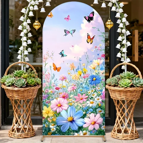 Spring Floral Butterfly Arch Backdrop Cover Chiara Arched Wall Background For Birthday Party Wedding Event Decoration Polyester Printed Banner