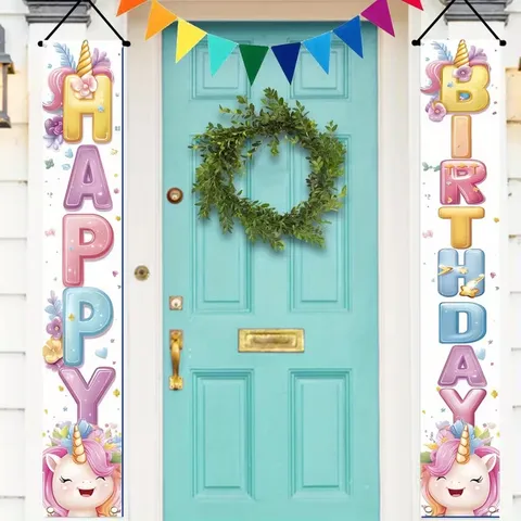 Unicorn Birthday Party Porch Banner Happy Birthday Door Couplet For Kids Cartoon Theme Hanging Decor Supplies Background Banner