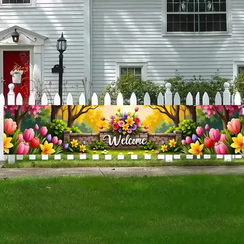 Spring Garden Welcome Banner Colorful Flower Tulips Print Outdoor Yard Balcony Fence Decoration Hanging Flag Home Decor