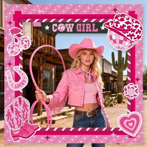 Rosa Cowgirl Thema Party Fotobox Hintergrund Western Cowboy Diskokugel Hufeisen Geburtstag Dekoration Polyester Banner