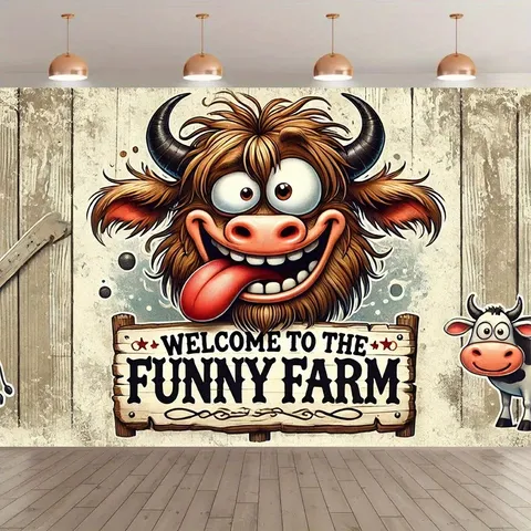 Fondo Fotografía Vaca de las Tierras Altas Divertido Tema Granja Madera Vintage Banner Bienvenida para Decoración Fiesta Niños Fondo Poliéster