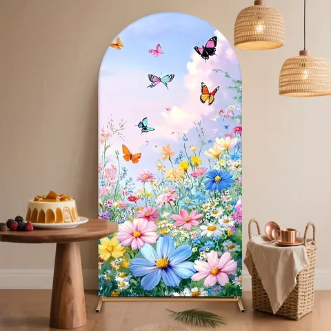 Spring Floral Butterfly Arch Backdrop Cover Chiara Arched Wall Background For Birthday Party Wedding Event Decoration Polyester Printed Banner