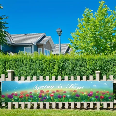 Spring Is Here Tulip Floral Banner Polyester Garden Flag Outdoor Yard Party Decoration Hanging Cloth Banner
