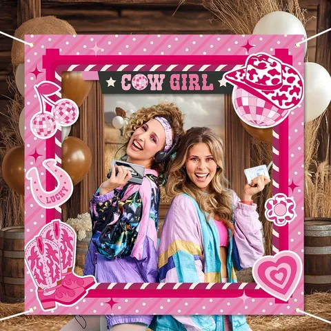 Rosa Cowgirl Thema Party Fotobox Hintergrund Western Cowboy Diskokugel Hufeisen Geburtstag Dekoration Polyester Banner