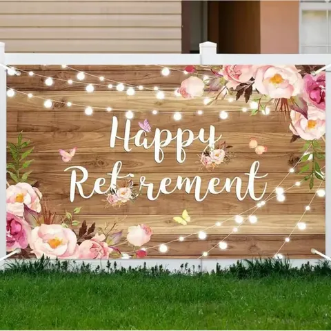 Vintage Wood Grain Floral Happy Retirement Photography Backdrop Polyester Flower Butterfly Retirement Party Decoration Backdrop