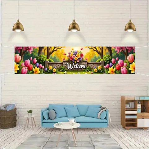 Spring Garden Welcome Banner Colorful Flower Tulips Print Outdoor Yard Balcony Fence Decoration Hanging Flag Home Decor