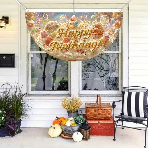 Traumhafter Süßigkeiten Geburtstagsthema Dekoratives Fächerförmiges Banner Gold Happy Birthday Polyester Hängende Flagge Für Party Dekoration