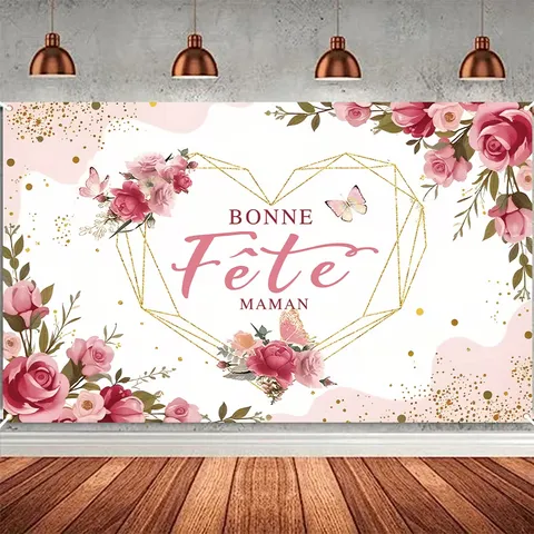 Fond de Photographie Floral Fête des Mères Français Romantique Rose Or Coeur Géométrique Polyester Bannière Murale pour Fête