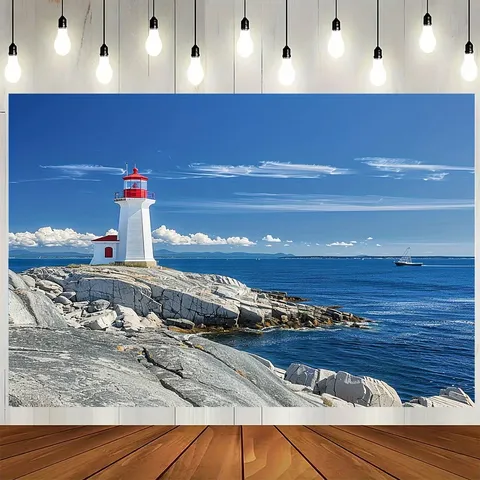 Sfondo Fotografico a Tema Faro Paesaggio Costiero Pongee in Poliestere Arazzo da Parete Decorazioni per la Casa Forniture per Feste Oggetto di Scena Fotografico