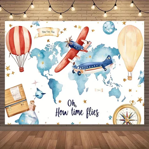 Watercolor Travel Adventure World Map Backdrop Oh How Time Flies Vintage Airplane Hot Air Balloon Photography Background For Kids Birthday Party Decoration