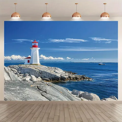 Sfondo Fotografico a Tema Faro Paesaggio Costiero Pongee in Poliestere Arazzo da Parete Decorazioni per la Casa Forniture per Feste Oggetto di Scena Fotografico