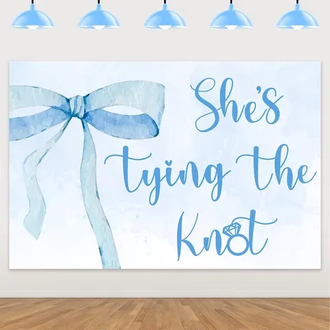 Light Blue Watercolor Bowknot Bridal Shower Backdrop She Is Tying The Knot Photography Background For Wedding Party Decoration