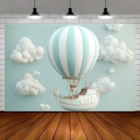 Dreamy Hot Air Balloon Spaceship Photography Backdrop 3D Clouds Adventure Theme Party Decoration Pongee Background Cloth