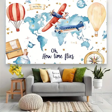 Watercolor Travel Adventure World Map Backdrop Oh How Time Flies Vintage Airplane Hot Air Balloon Photography Background For Kids Birthday Party Decoration