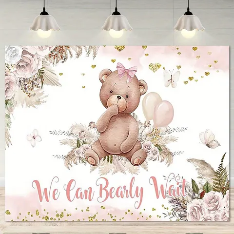 Toile de Fond Photographie en Polyester Bohème Ours Rose Floral Dessin Animé Imprimé Tapisserie Murale Bannière Baby Shower pour Décor de Fête Filles