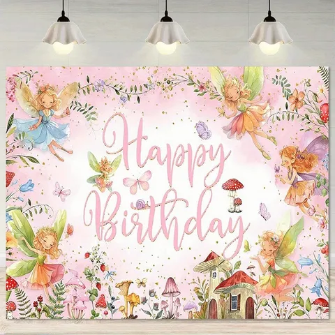 Fondo de Fotografía de Cumpleaños de Hada de las Flores Casa de Champiñones Mariposa Acuarela Rosa de Ensueño para Decoración de Fiesta de Cumpleaños de Niñas