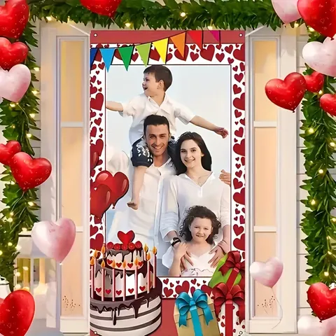 Valentinstag Türabdeckung Hintergrund Polyester Herz Element Familienporträt Foto Hintergrund Banner Festliche Party Dekoration Wandkunst