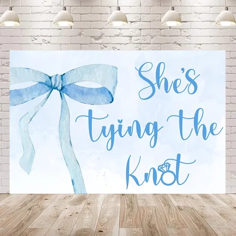 Light Blue Watercolor Bowknot Bridal Shower Backdrop She Is Tying The Knot Photography Background For Wedding Party Decoration