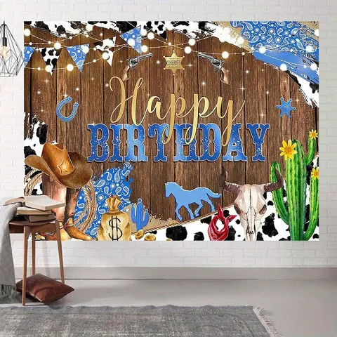 Vintage Wood Grain Western Cowboy Birthday Backdrop Sheriff Badge Pistol Boots Cactus Party Photography Background Cloth Banner