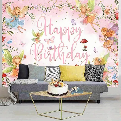 Fondo de Fotografía de Cumpleaños de Hada de las Flores Casa de Champiñones Mariposa Acuarela Rosa de Ensueño para Decoración de Fiesta de Cumpleaños de Niñas