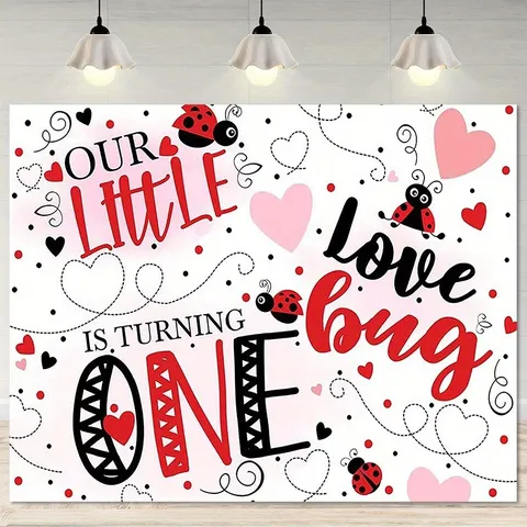 Toile de Fond Photographie Anniversaire Coccinelle pour Décoration de Fête de Premier Anniversaire Bébé Tissu de Fond en Polyester à Pois Noirs et Rouges Accessoires de Studio Photo