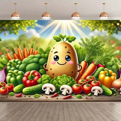 Cartoon Gemüse Bauernhof Party Hintergrund Sonnenblume Kartoffel Karotte Brokkoli Bedrucktes Polyester Studio Hintergrund Banner
