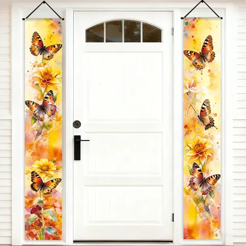 Watercolor Butterfly Floral Porch Banners Polyester Entrance Door Hanging Decorations Spring Summer Home Garden Outdoor Vertical Banners