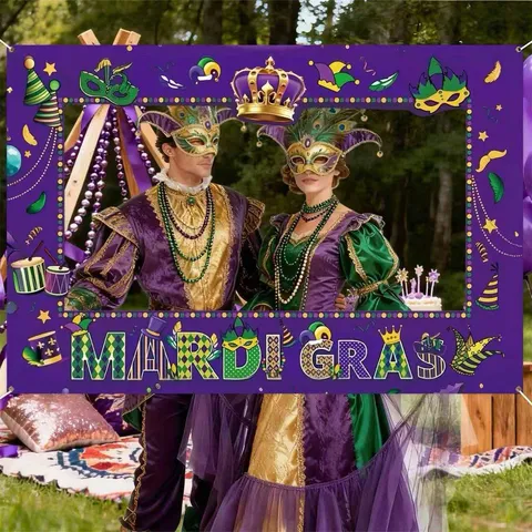 Mardi Gras Festival Party Backdrop Purple Mask Crown Pattern Polyester Pongee Photography Background Banner For Carnival Event Decor