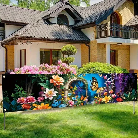 Spring Garden Courtyard Decoration Banner Colorful Floral Butterfly Design Outdoor Fence Garden Hanging Tapestry Cloth Decor