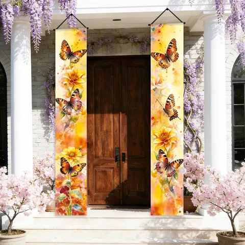 Watercolor Butterfly Floral Porch Banners Polyester Entrance Door Hanging Decorations Spring Summer Home Garden Outdoor Vertical Banners