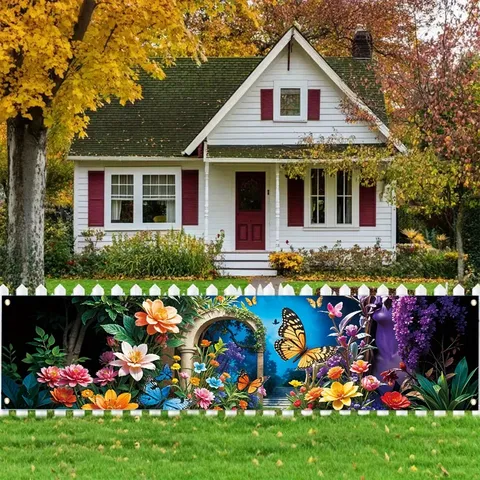 Spring Garden Courtyard Decoration Banner Colorful Floral Butterfly Design Outdoor Fence Garden Hanging Tapestry Cloth Decor