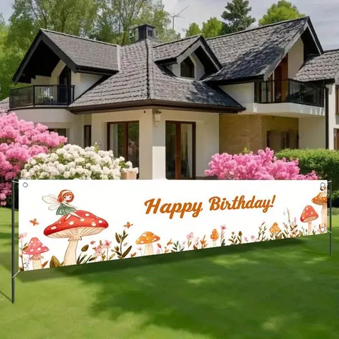 Bannière Joyeux Anniversaire Fée des Fleurs Champignon Dessin Animé Polyester Impression Numérique Toile de Fond Horizontale de Fête Enfants Décoration de Jardin