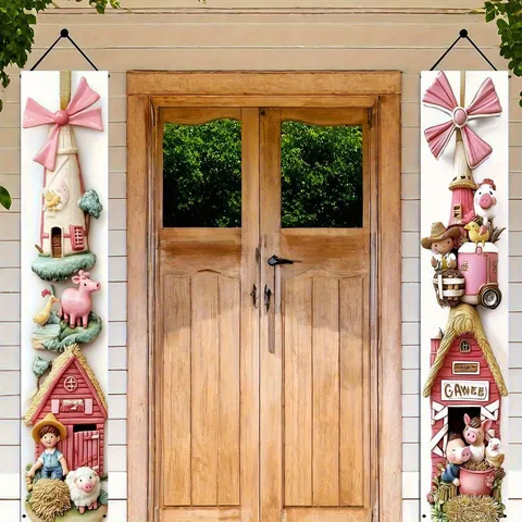 Pink Farm Theme Cartoon Animal Porch Banner For Kids Birthday Party Decoration Polyester Digital Printed Hanging Couplet Door Sign
