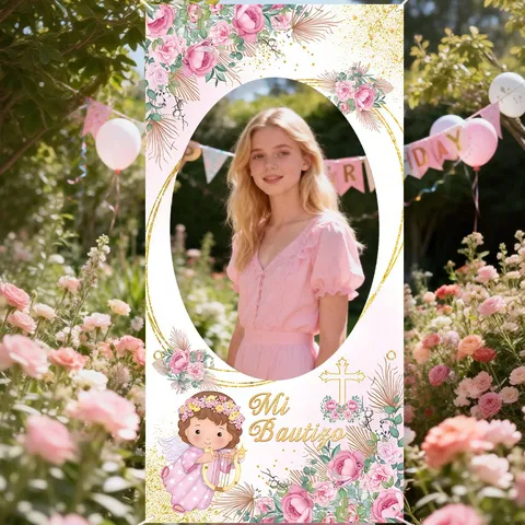 Pink Gold Floral Baptism Photography Backdrop Angel Cross Baby Party Decoration Mi Bautizo Polyester Background Cloth