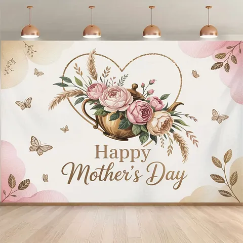 Fond de Photographie Fête des Mères Vintage Floral Cœur Théière Décoration de Fête Polyester Fond Mural Suspendu