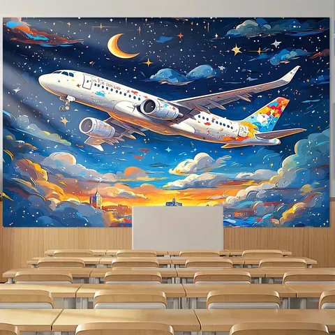 Sfondo Fotografico Onirico a Olio Cielo Stellato Aereo per Festa di Compleanno Bambini Decorazione a Tema Viaggio Arazzo da Parete in Poliestere