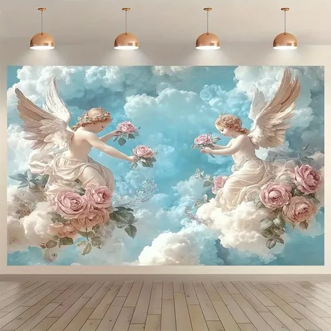 French Vintage Angel Oil Painting Photography Background Cloth Romantic Rose Clouds Wall Tapestry For Wedding Engagement Party Decor