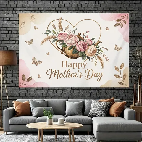 Fond de Photographie Fête des Mères Vintage Floral Cœur Théière Décoration de Fête Polyester Fond Mural Suspendu