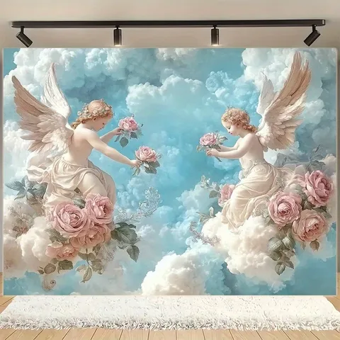French Vintage Angel Oil Painting Photography Background Cloth Romantic Rose Clouds Wall Tapestry For Wedding Engagement Party Decor