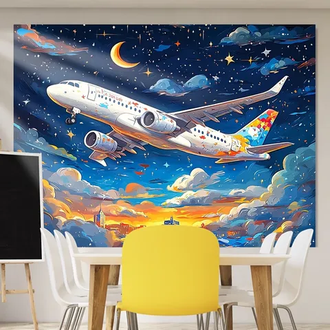 Sfondo Fotografico Onirico a Olio Cielo Stellato Aereo per Festa di Compleanno Bambini Decorazione a Tema Viaggio Arazzo da Parete in Poliestere