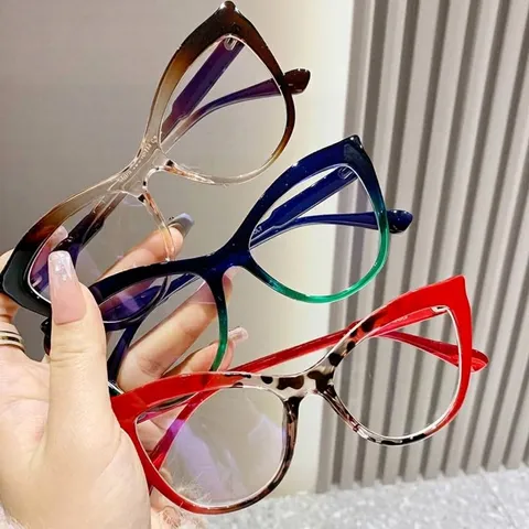 Montatura Occhiali Cat Eye Donna Anti Luce Blu Moda Blocchi di Colore Montura Ottica Con Cerniera in Metallo per Donna