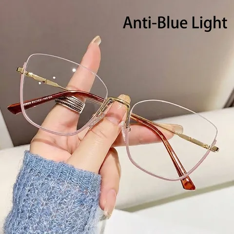 Mode Kattenoog Anti Blauw Licht Brilmonturen Voor Vrouwen Metaal Halfrandloos Optische Brilmontuur Computerbril