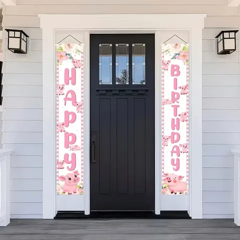 Cartoon Pink Pig Birthday Porch Banner Decoration Happy Birthday Door Couplet For Kids Party Decorative Hanging Flag
