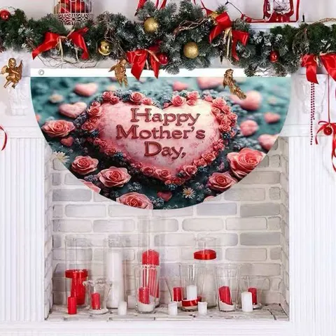 Mother's Day Fan-Shaped Banner Pink Rose Heart Print Polyester Bunting For Party Atmosphere Home Decor Festive Hanging Flag