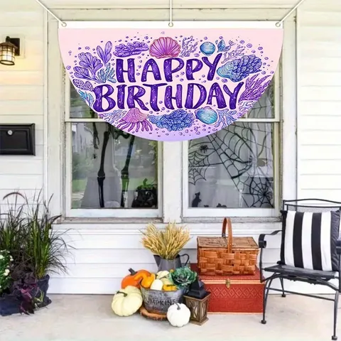 Pancarta en Forma de Abanico Tema Océano Púrpura Poliéster Coral Concha Feliz Cumpleaños Bandera Colgante de Jardín Decoración