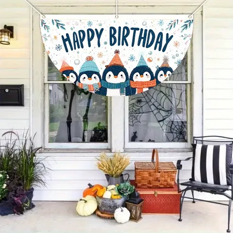 Cartoon Penguin Happy Birthday Fan Shaped Flag Polyester Bunting For Kids Party Yard Fence Decoration White Blue
