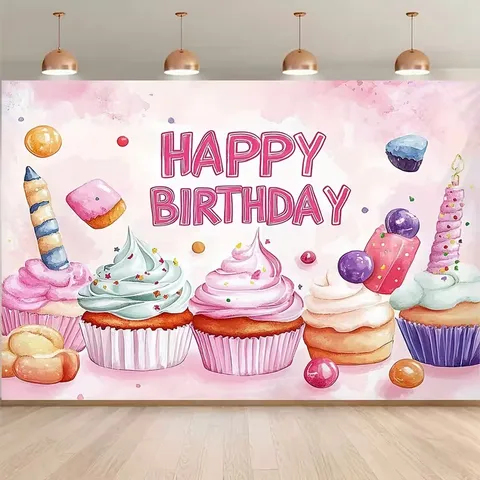 Pink Dessert Theme Happy Birthday Photography Backdrop Watercolor Cupcake Print Polyester Wall Banner For Kids Birthday Party Studio Decor